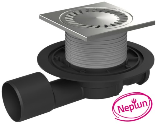 Multi-inlet floor drain, side outlet D50/75, NEPTUNE, stainless steel frame, grid SUN