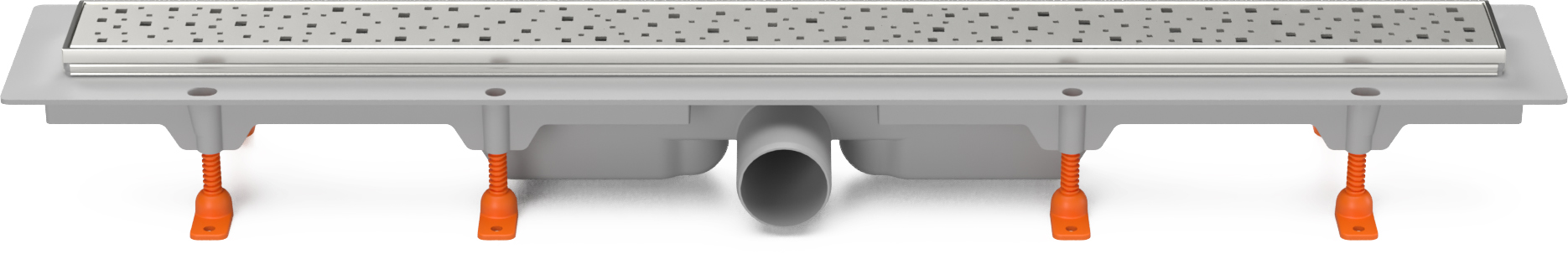 Sumidero lineal con marco de acero inoxidable y desagüe lateral D50, 650 mm, rejilla Square brilla