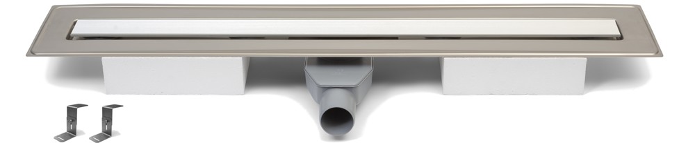 Stainless steel linear floor drain, 800mm, swivel side siphon D50, stainless steel plate