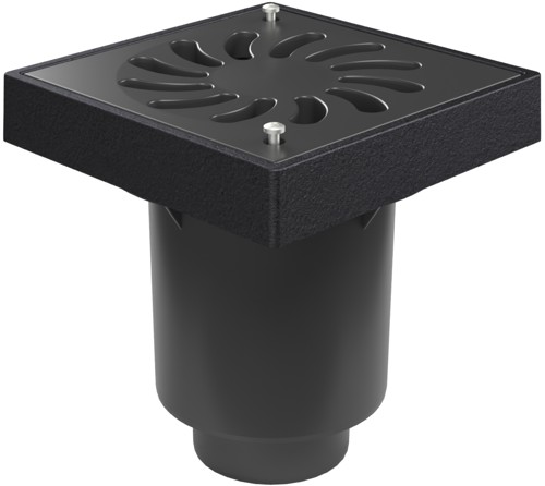 Bottom street drain, outlet D160 dry flap cast iron frame, plastic grid SUN, safety screws