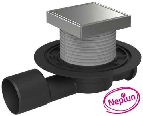 Multi-inlet floor drain, side outlet D50/75, NEPTUNE, stainless steel frame, grid STEEL